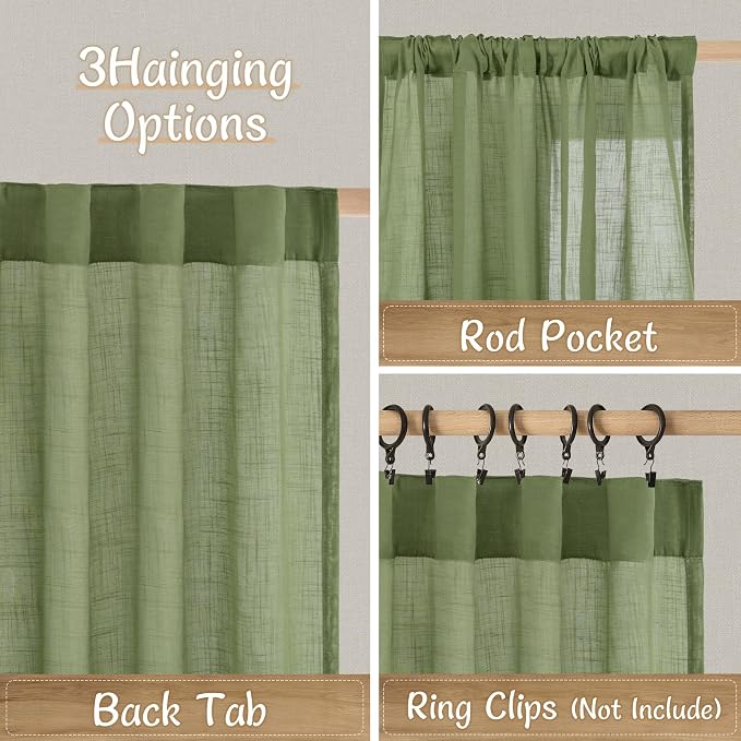Light Filtering Semi Sheer Linen Curtains 72 Inch Length, Sage Green | Living Room, Curtains for Bedroom, Farmhouse, Spring Decor, Window Drapes, Back Tab Rod Pocket, 2 Panels, 34 x 72 Inch