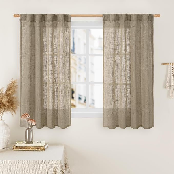 Linen Curtains 48 Inch Length Semi Sheer Light Filtering 2 Panels | Linen Textured Panels, Country Decor, Kitchen, Window, Loft Room, Bedroom, Rod Pocket Back Tab, 34 x 48 Inch, Taupe