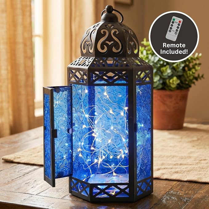 Vela Lanterns Decorative Indoor Fairy Light Candle Holder, Cobalt Blue, L | Wedding Table Centerpieces, Fantasy Moroccan Decor, Ramadan & Eid, Metal Hanging Lamp, Bathroom, Porch Patio, 12" Tall