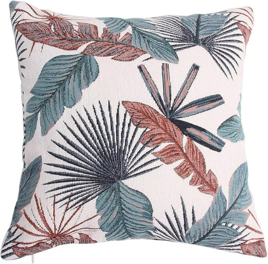 Yeiotsy Throw Pillow Cover, Tropical Leaf Decorative Cushion Case Thick Jacquard Chenille (Teal & Red, 18 x 18 Inches)