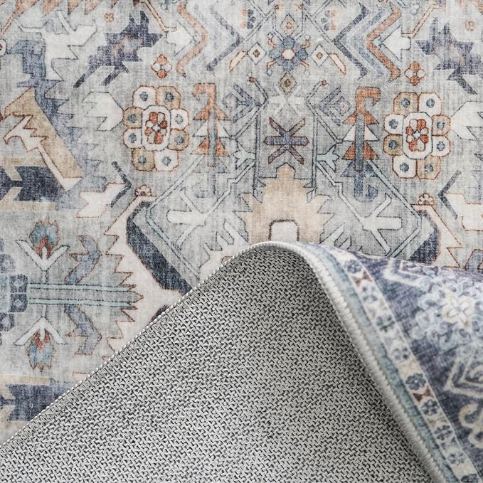 RUUGME Washable Runner Rug 2.6'x12' - Vintage Kitchen Area Rug Stain Resistant Rugs for Living Room Bedroom Laundry Room Mat Distressed Rug Hallway Floor Carpet Runner for Bathroom(Grey/Blue)