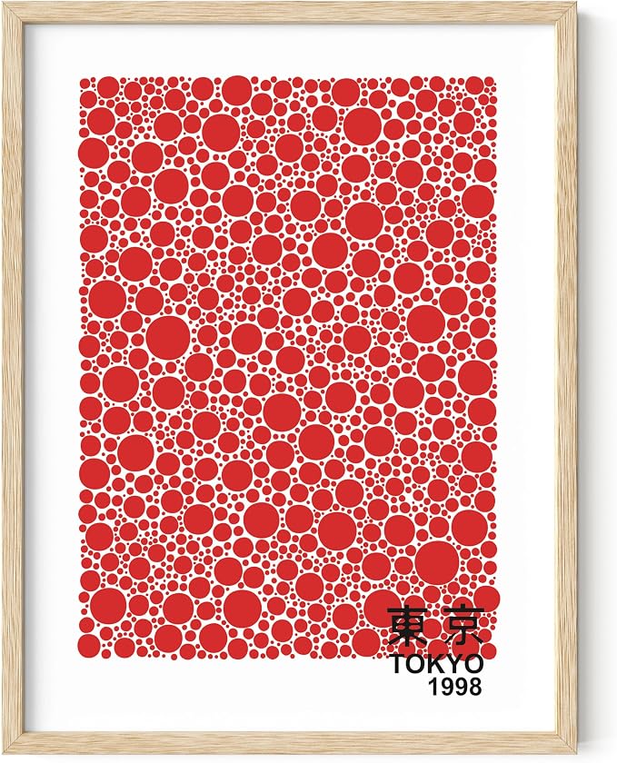 HAUS AND HUES Japandi Framed Posters – Red Japanese Yayoi Kusama Inspired Art, Circle Wall Art, Abstract Modern Japan Poster, Framed Wall Decor (12x16 Framed)