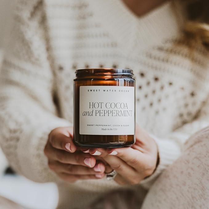 Sweet Water Decor Hot Cocoa & Peppermint Holiday Candle, 9oz Glass Jar | Sweet Peppermint, Cocoa & Sugar Scented Soy Wax Candle, Christmas Home Fragrance, Stocking Stuffer, 40+ Hour Burn Time