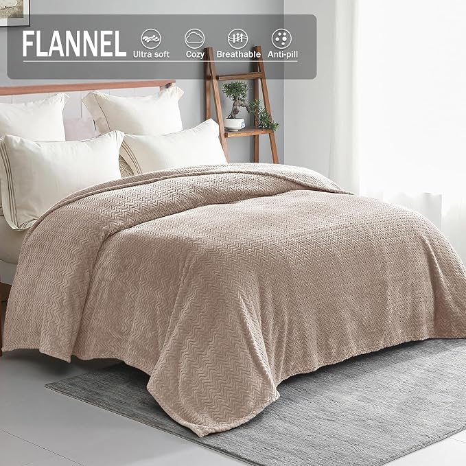 Exclusivo Mezcla Soft Fleece Blanket King Size, Cozy Lightweight Blankets with Decorative Wave Textured Suitable for All Season Use, Camel, 90x104 Inches | 90"x104" Breathable Lightweight Flannel Blanket for Summer, Plush Cozy Jacquard Wave for Home Decor