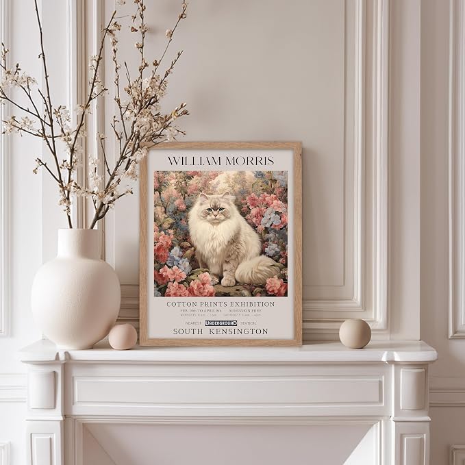 Poster Master Persian Cat Print - Flower Art - Botanical Design - Exhibition Display - Animal Illustration - Floral Cat Painting - Aesthetic Office or Bedroom Decor - 11x14 Beige Framed