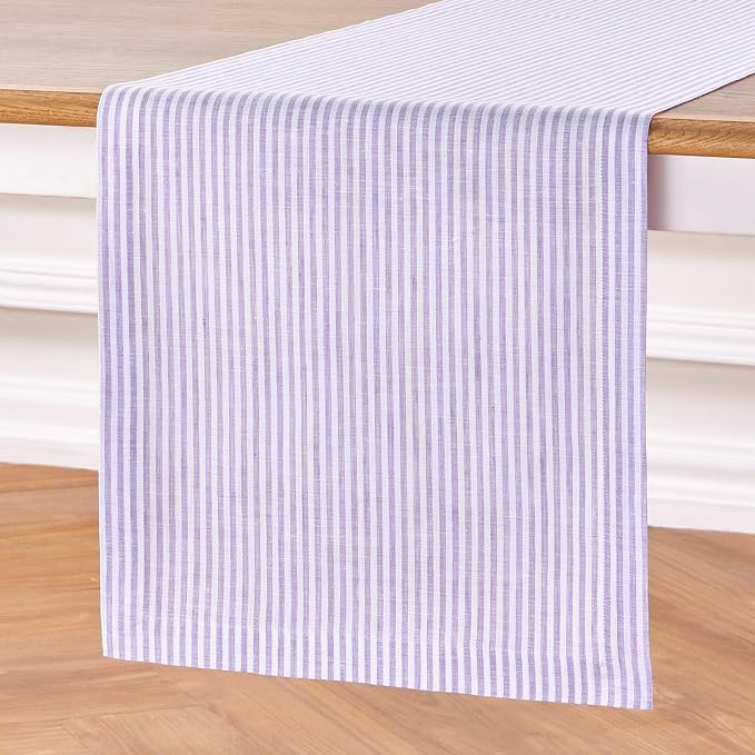 Solino Home 100% Linen Table Runner, 14 x 90 in, Lavender and White Striped | Narrow Stripe, brings a tailored look to family meals and hosting, woven stripe, European flax fibres, OEKO-TEX Certified