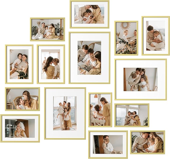eletecpro Aluminum Gallery Wall Frame Set of 15 with Glass Cover, Gold | Including 3Pcs 8x10, 6Pcs 5x7, 6Pcs 4x6 Photo Frames, Multiple Sizes Picture Frames Collage Wall Decor or Tabletop Display