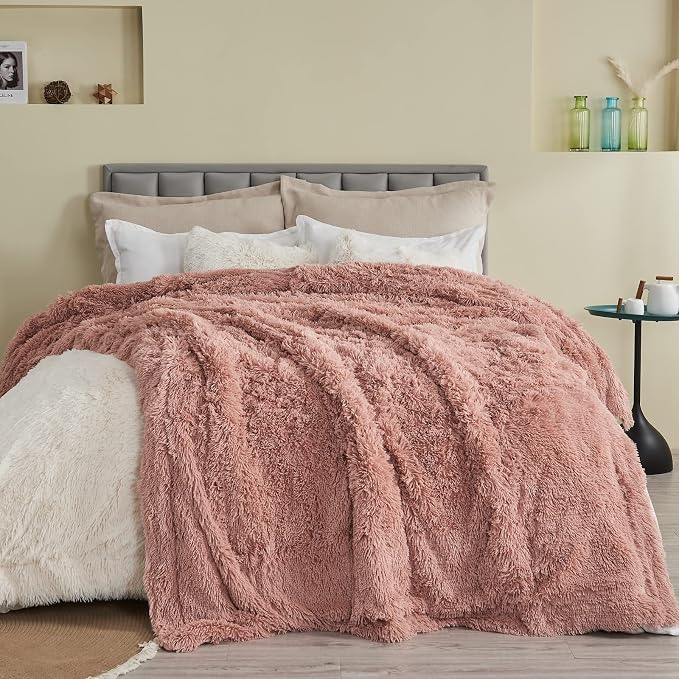 GONAAP Fuzzy Faux Fur Twin Blanket for Couch, Pink, 60"x80" | Warm Cozy Plush Shaggy Decorative Reversible Thick Non-Heated Fleece Blanket for Sofa Bed, Gift for Women Men, All Season Use