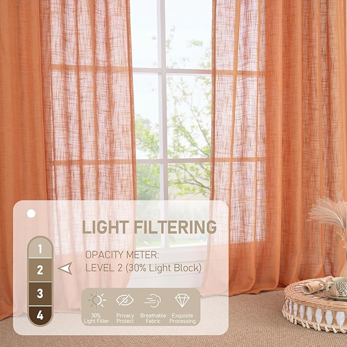 Burnt Orange Linen Curtains for Living Room Bedroom 2 Panels | 84 inch Length, Light Filtering, Semi Sheer, Farmhouse Panels for Window Room Decor, Rod Pocket Back Tab, 34 x 84 Inch