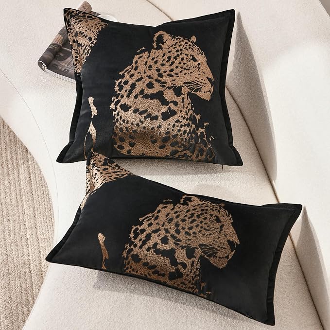 Velvet Throw Pillow Covers 18x18'', New Upgrade Brown Cheetah Leopard Embroidered Pillows Cover, Decorative Pillow Cushion Cover for Sofa Bed Bedroom Living Room
