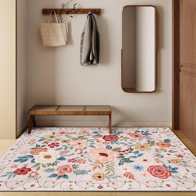 DUKINO 4x6 Area Rug, Floral Washable Rug Non Slip Office Chair Mat, Beige | Low Pile, Stain Resistant, Soft Indoor Rug for Bedroom, Living Room, Dining Room, Kids Room, Pet Friendly, Modern Home Decor