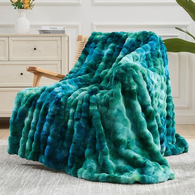 NEWCOSPLAY Faux Fur Bubble Twin Blanket for Couch, Tie-Dye Teal, 60"x80" | Fluffy Soft Thick Warm Bubble Blanket for Couch Sofa Bed 700GSM, Plush Cozy Luxury Decorative Throw, Gift for Women Men