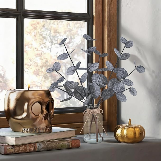 Bessol Artificial Eucalyptus Stems in Glass Vase with Faux Water Halloween Decor, 14” Fake Plants for Home Decor Table Centerpieces Office Bathroom Faux Plants Indoor Black Decorations