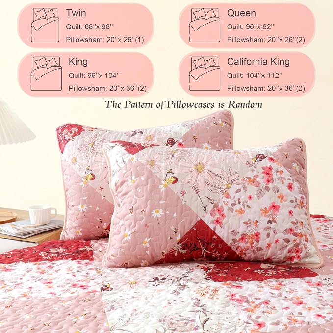 Whale Flotilla Patchwork Quilt King Size, Extra Soft Floral Bedspreads | Red Reversible Lightweight King Quilt Bedding Set for Bed, Printed Coverlets with 2 Pillow Shams for All Seasons