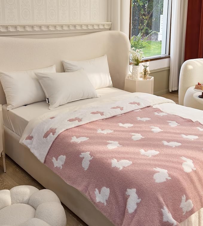 Ultra Soft Cozy Happy Easter Rabbits Knitted Throw Blanket Fluffy Microfiber Checkerboard Bed Blanket Lightweight Both Sides Blanket for Couch Sofa Bed… (Rabbit Pink, Throw 50“x60”)