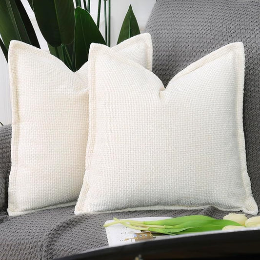 MADIZZ Decorative Chenille Velvet Throw Pillow Covers Set of 2 Soft Boho Textured Neutral Couch Throw Pillow for Bed Modern Farmhouse Home Decor for Sofa Livingroom Cream 18x18 Inch