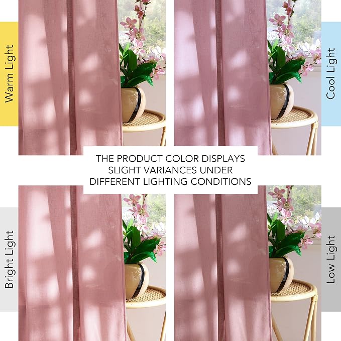 NICETOWN Thick Pink Sheer Curtains 96 inches Long for Girls Room, Rod Pocket & Back Tab Flax Linen Burlap Window Treatments Privacy Assured with Light Filtering for Bedroom, W55 x L96, 2 Panels