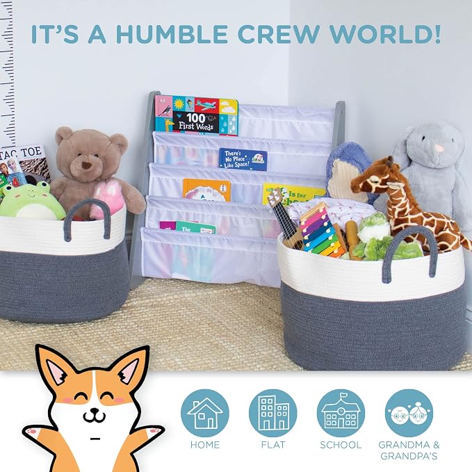 Humble Crew Kids Bookshelf, Montessori Front Facing Toddler Bookcase 4 Tier | Book display rack and reading nook organizer, nylon pockets show covers face out, compact for any playroom or bedroom space