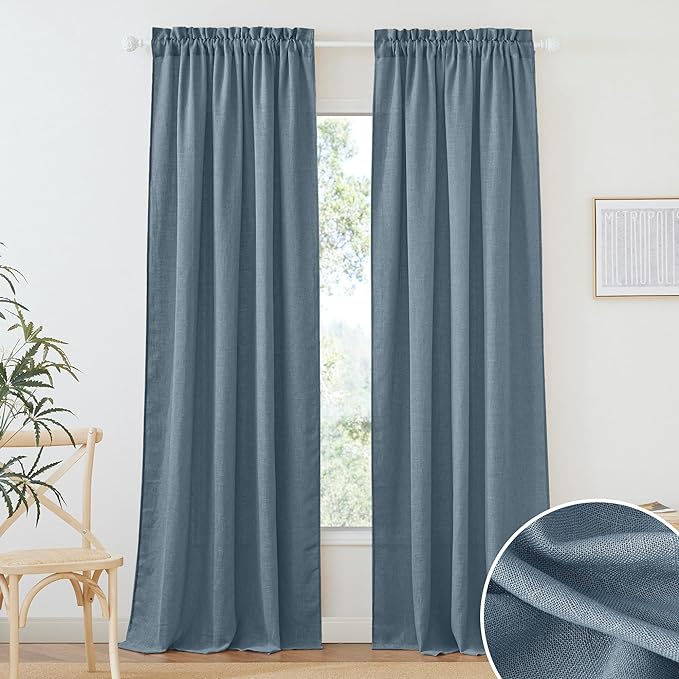 RYB HOME Linen Semi Sheer Curtains 84 inches Long for Living Room | Light Filtering, Half Privacy Window Curtains & Drapes, Stone Blue, W52 x L84, 2 Panels