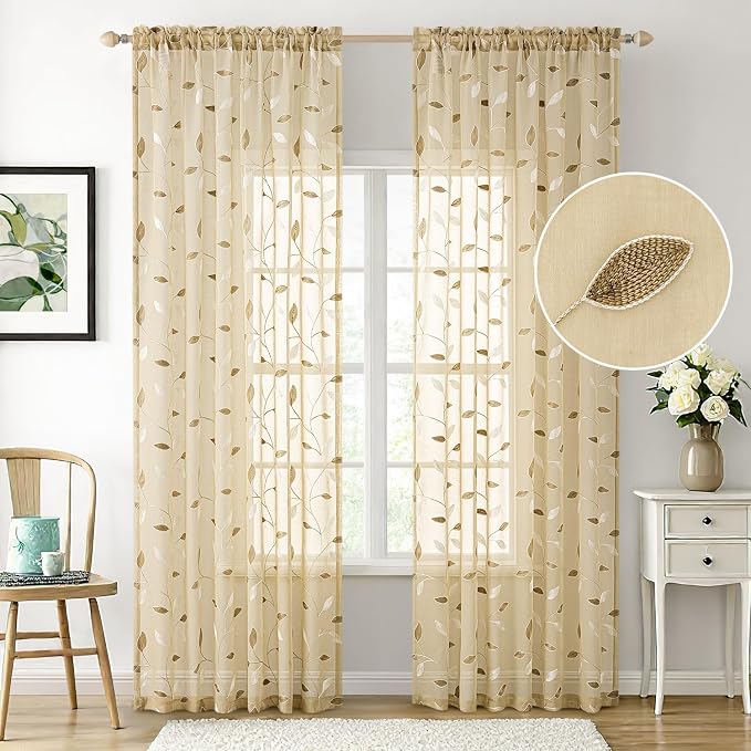 MIULEE Beige Sheer Curtains 2 Panels Embroidered Leaf Patterned, W52 x L84 | Embroidered Floral Semi Sheer,Rod Pocket,Faux Linen,Short Window Curtains Drapes Set for Kitchen/Bathroom/Cafe