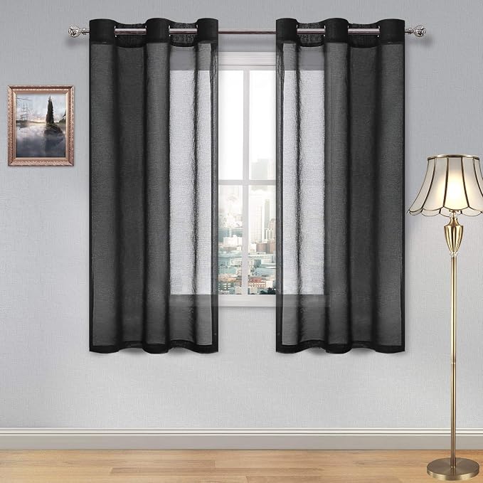 DWCN Black Sheer Curtains for Living Room Bedroom and Funeral/Gothic Wedding - Faux Linen Look Voile Drapes Grommet Top Window Curtain Panel 46 x 54 Inch Length, Set of 2 Panels