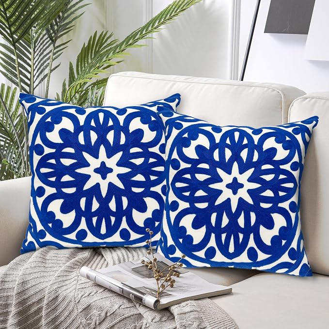 Alysheer Floral Embroidered Spring Decorative Throw Pillow Cover 18"x 18" Set of 2, Boho Mandala Embroidery Royal Blue Patterned Cushion Case for Sofa Couch Living Room Bedroom Outdoor