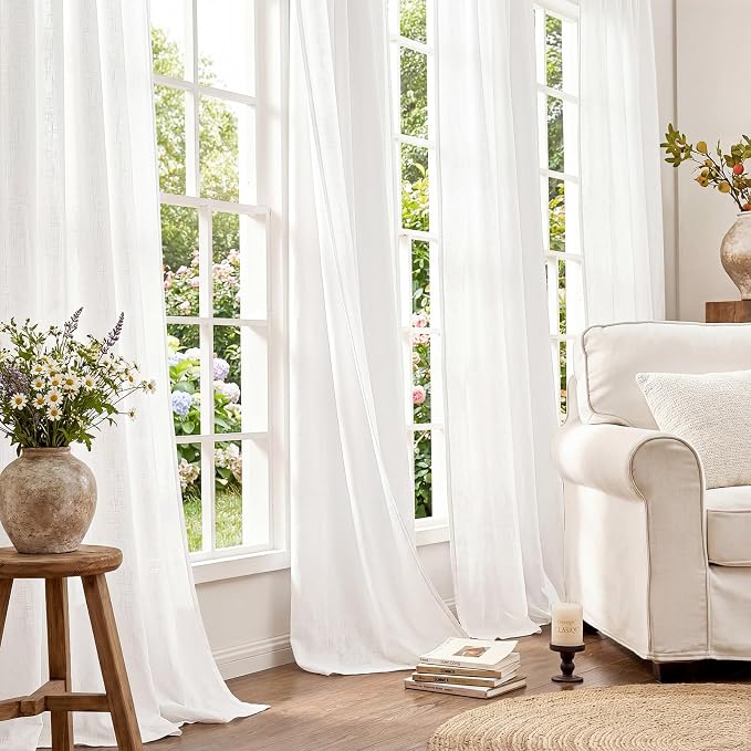 jinchan Linen Curtains Light Filtering Back Tab 50x84 Inch 2 Panels White | Semi Sheer Curtains 84 inch length for Bedroom Living Room, Modern Farmhouse Drapes with Rod Pocket, Natural Boho Curtains