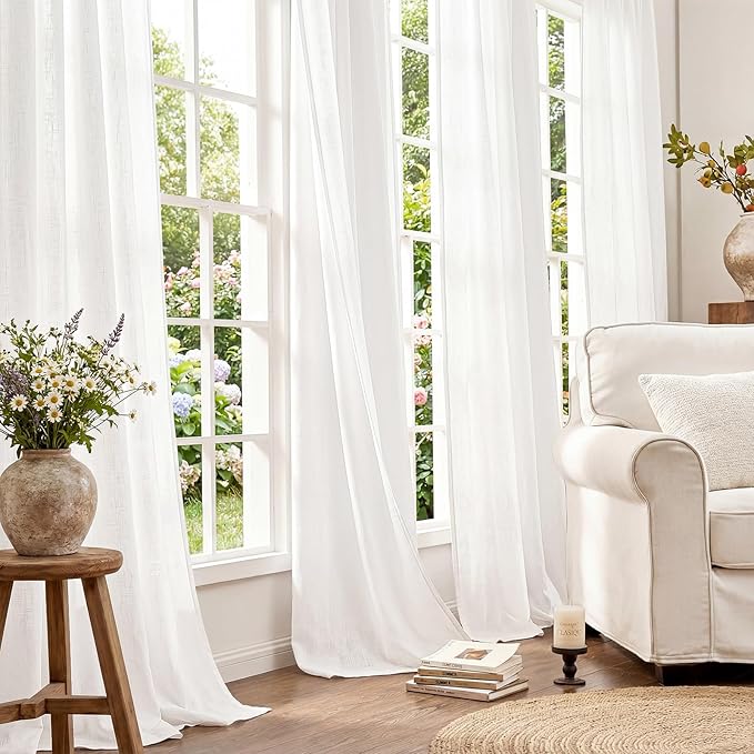 jinchan Linen Curtains Light Filtering Back Tab 50x96 Inch 2 Panels White | Semi Sheer Curtains 96 inch length for Bedroom Living Room, Modern Farmhouse Drapes with Rod Pocket, Natural Boho Curtains