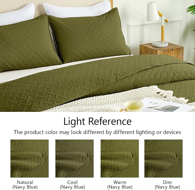 FLYMME Quilts Queen Size,Lightweight Olive Green Bedspreads,Basket Weave Pattern,Ultra Soft Microfiber Bed Coverlet 3 Pieces for All-Seasons (1 Quilt,2 Shams)