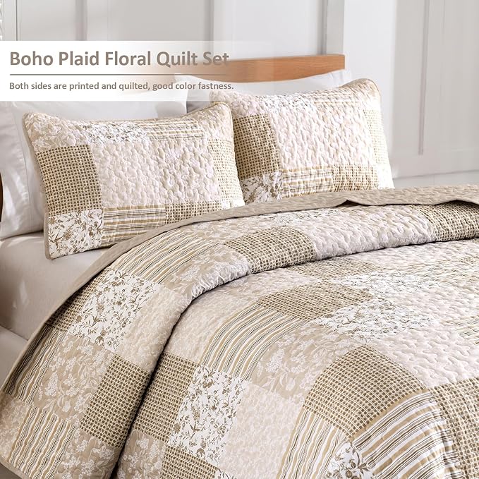 Mybedsoul Beige Boho Quilt Twin Size, Floral Bedspread Dorm Bedding | Soft Lightweight Patchwork Quilt, 2 Pieces Plaid Coverlet Set for All Seasons, Reversible Bedding Set 68"×86"