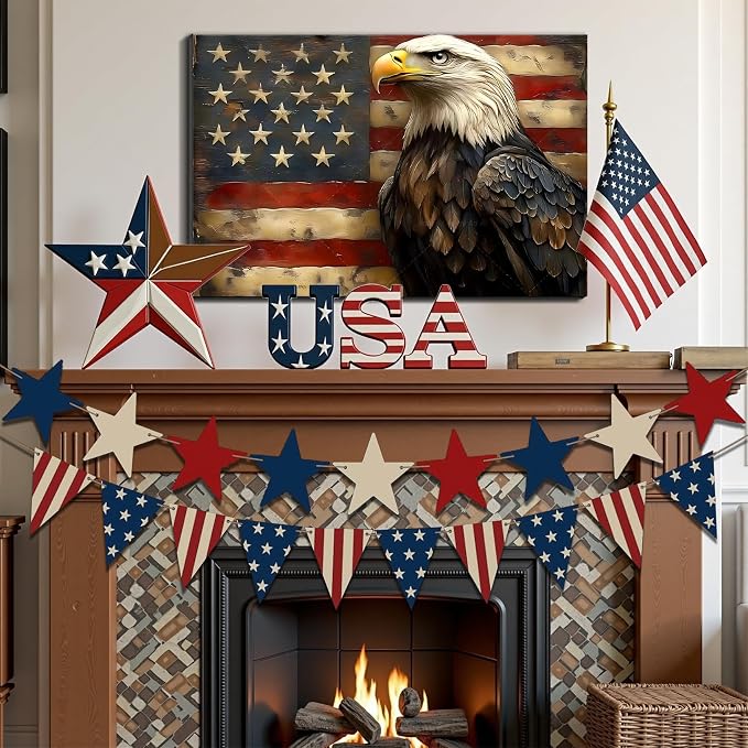 Framed Bald Eagle American Flag Wall Art, Patriotic USA Canvas Art Pictures, Vintage Eagle Wall Decor for Office Living Room Man Cave, Ready to Hang Made in USA
