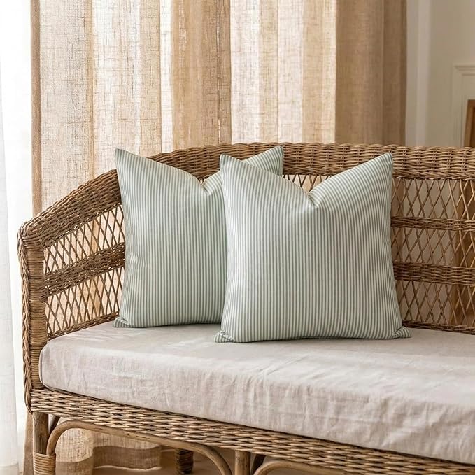 Sage Green Farmhouse Striped Outdoor Throw Pillow Cover 18x18 Set of 2 | Soft & Breathable Couch Pillow Cases, Green Outdoor Pillow Covers 18 x 18,Sage Green Farmhouse Decorative Couch Pillow Covers