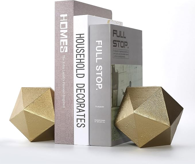 Ambipolar Geometric Decorative Ball Shaped Bookends, Modern Cast Iron Gold Bookends for Office Desk, Book Shelf, Room Decor, Home Office, Book Stand or Organizer, Set of 2