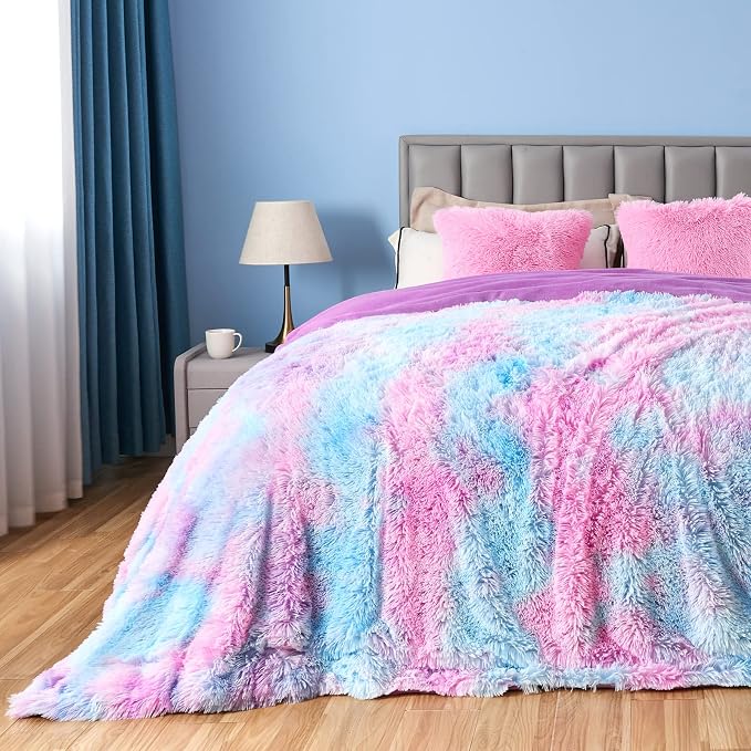 GONAAP Fuzzy Faux Fur Queen Blanket for Couch, Purple Rainbow, 90"x90" | Warm Cozy Plush Shaggy Decorative Reversible Thick Non-Heated Fleece Blanket for Sofa Bed, Gift for Women Men, All Season Use