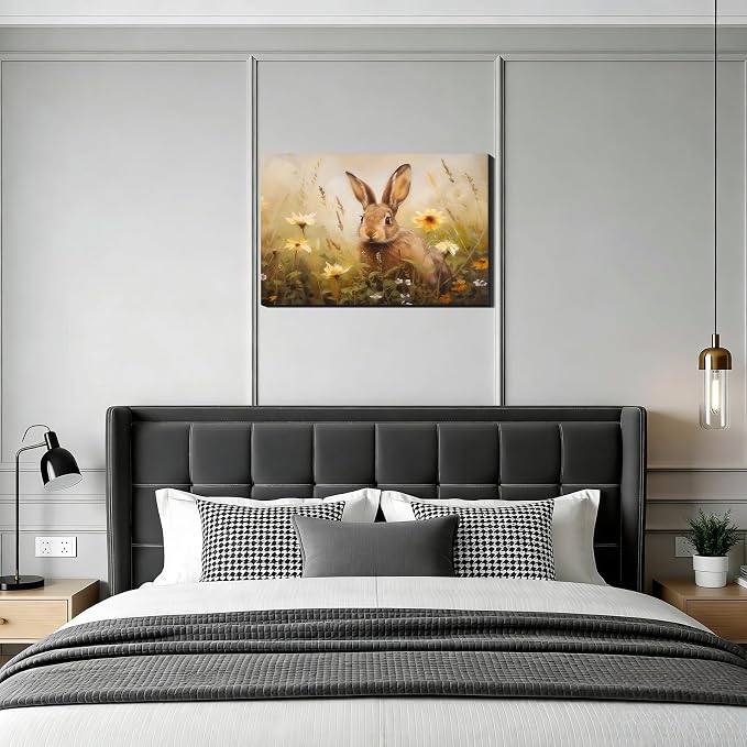 Field Floral Easter Bunny Framed Canvas Wall Art, Easter Themed Landscape Painting Print for Enterway, Fireplace,Rabbit Canvas Art & Holiday Office Home Decor, Ready to Hang