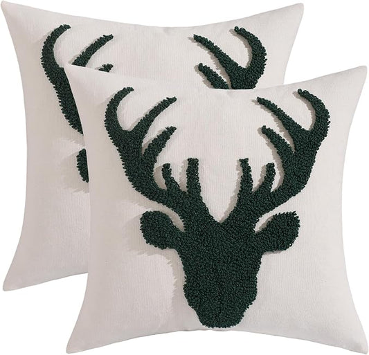 LUOYEHK Christmas Green Reindeer Pillow Covers 18x18 Set of 2 Farmhouse Rustic Throw Pillows Winter Holiday Merry Christmas Cushion Covers for Couch Sofa Bed