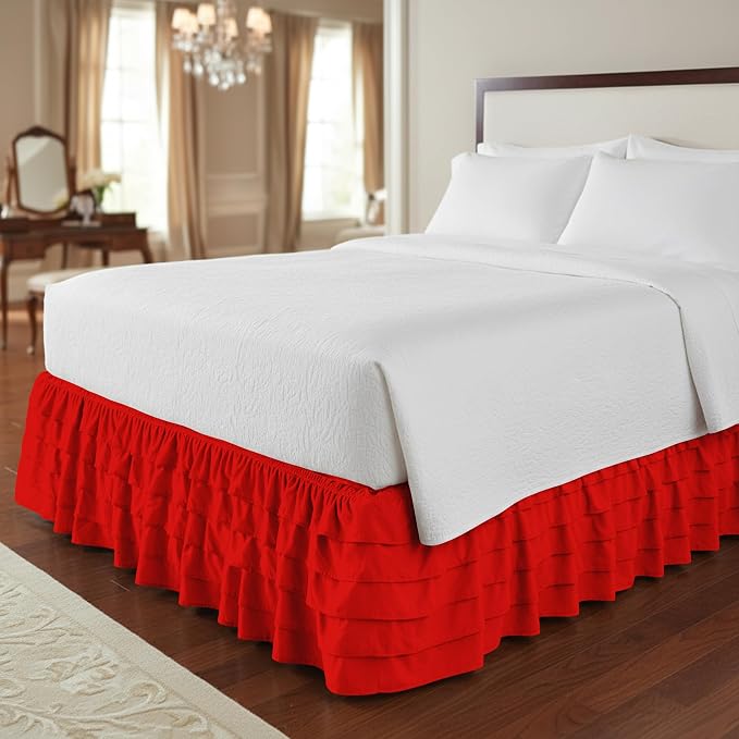 Elegant Comfort Luxurious Premium Quality 1500 Premier Wrinkle and Fade Resistant Hotel Quality Microfiber Multi-Ruffle Bed Skirt - 15inch Drop, Twin, Red