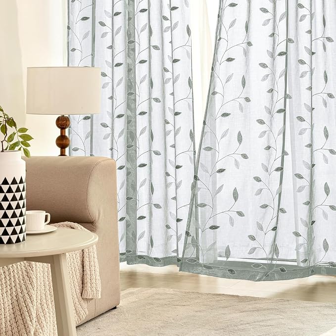 MIULEE Sage Sheer Curtains 2 Panels Embroidered Leaf Patterned, W52 x L84 | Embroidered Floral Semi Sheer,Rod Pocket,Faux Linen,Short Window Curtains Drapes Set for Kitchen/Bathroom/Cafe