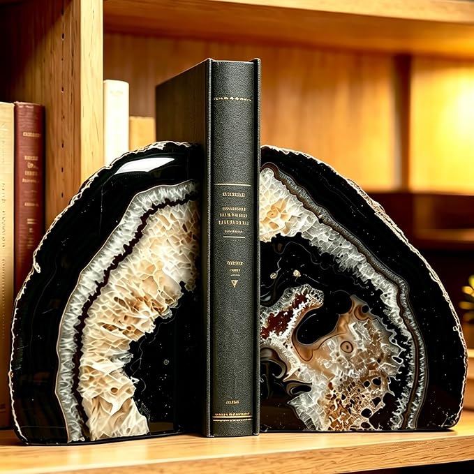 Agate Geode Bookends Heavy Duty Natural Crystal Stone Book Holders Decor | Polished Stone Book Stoppers Supports Home Office Decor with Rubber Bumpers Natural Black 1 Pair, 2-3 LBS