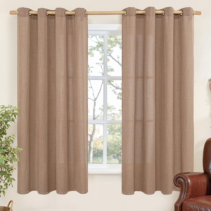 Mocha Brown Linen Semi Sheer Curtains 52 X 63 Inch Length with Grommet | Light Filtering Drapes with Grommet Privact for Short Bedroom Living Room Window, 2 Panels