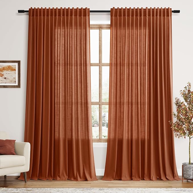 Extra Wide Terracotta Curtains for Living Room 102 Inches Long Back Tab and Rod Pocket Linen Semi Sheer Farmhouse Boho Floor to Ceiling Curtain for Bedroom Office Luxury 100x102, 2 Panels