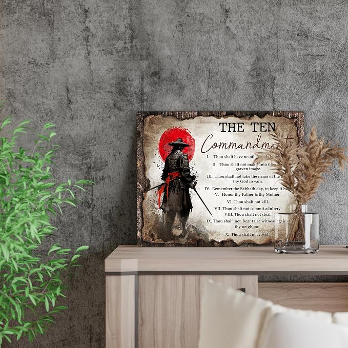 Wesluin 16"x20" Samurai Red Moon Canvas – Motivational Japanese Wall Art | Warrior gazes at blood moon, echoing “I Choose.” Unshaken resolve decor. Hook included, ready to hang.