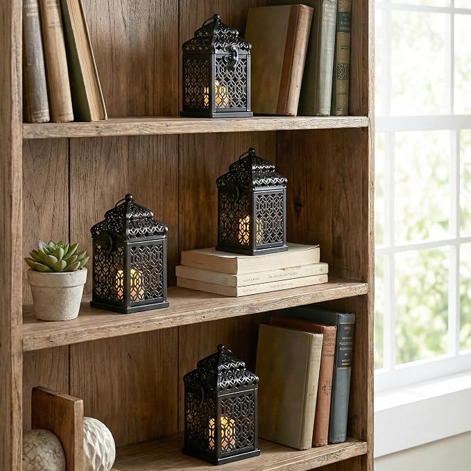 VELA LANTERNS Mini Tower Temple Moroccan Lantern Lamp Decorative Candle Holders for Ramadan Decorations, Hanging, Outdoor Patio or Porch, Indoor Home Decor, Black, Set of 4