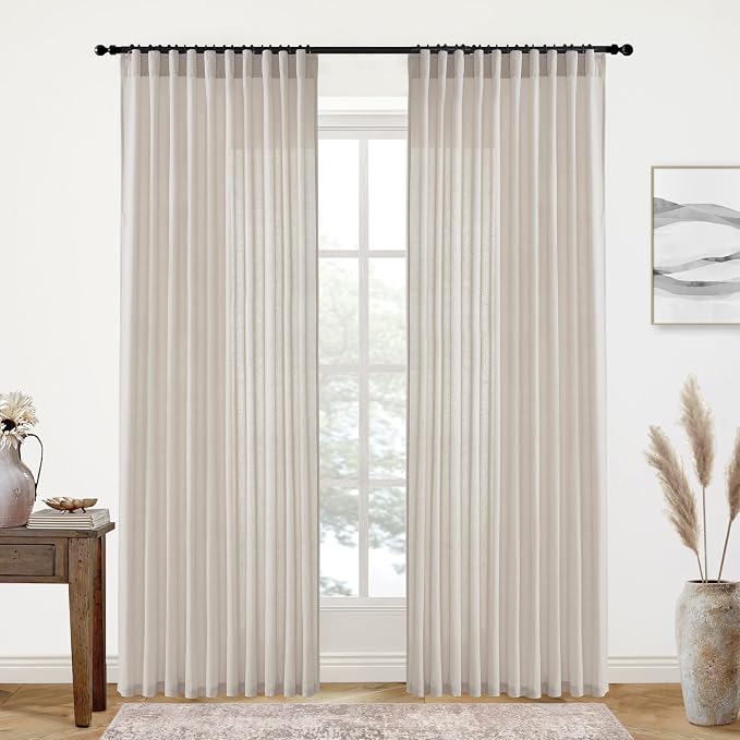 XTMYI 90 Inches Long Oatmeal Country Curtains for Living Room,Sheer Linen Shabby Chic Curtains for Bedroom 70 Inches Wide