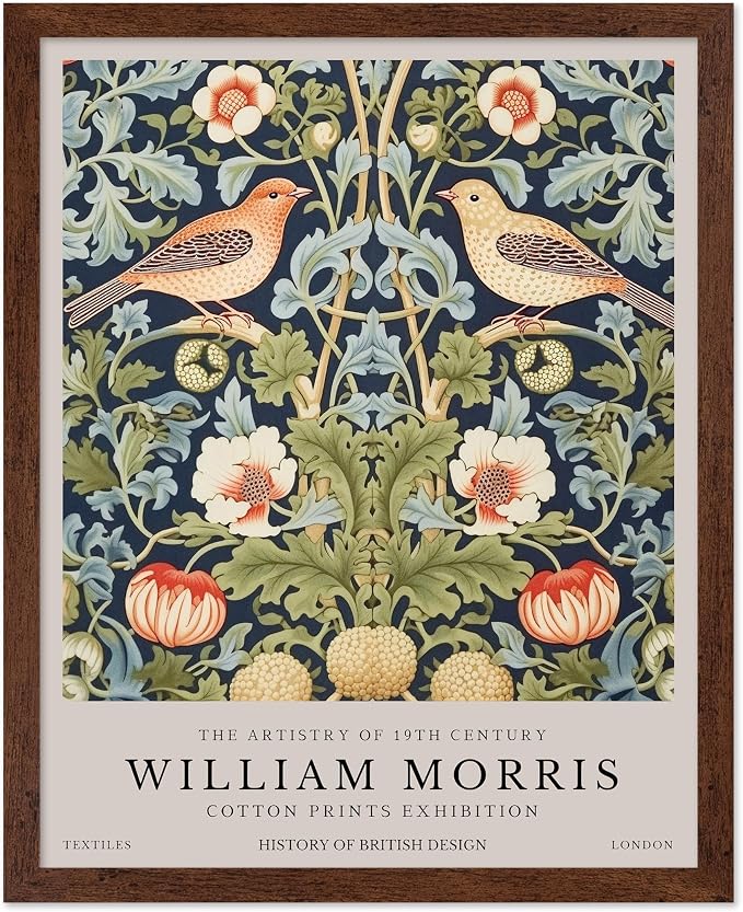 Poster Master William Morris Poster - Strawberry Thief Print - Bird Art - Botanical Art - Flower Artwork - Exhibition Creation - Animal Piece - Floral Illustration - Office or Bedroom Wall Decor - 11x14 Brown Framed