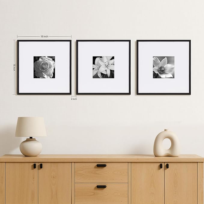 eletecpro 18x18 Picture Frame Set of 3, Display 8x8 with Mat | Gallery Wall Decor, Lightweight & Sturdy, Acrylic Cover, No Acid, More Display Sizes, Ready to Hang, Minimalist Home Decor