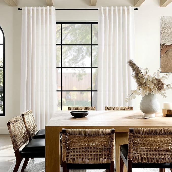 Ivory White Curtains 96 Inches Long 2 Panels for Bedroom Living Room Back Tab Semi Sheer Linen Curtain Modern Farmhouse Coastal Decor 96 inch for Patio Sliding Door Office 52X96