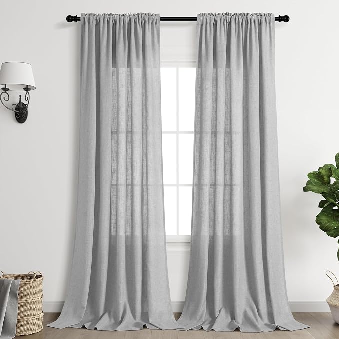 Light Grey Linen Curtains 90 Inch Length for Living Room Bedroom 2 Panels Set Rod Pocket Light Filtering Semi Sheer Window Curtains 52 Inch Width Boho Farmhouse Linen Drapes, W52xL90