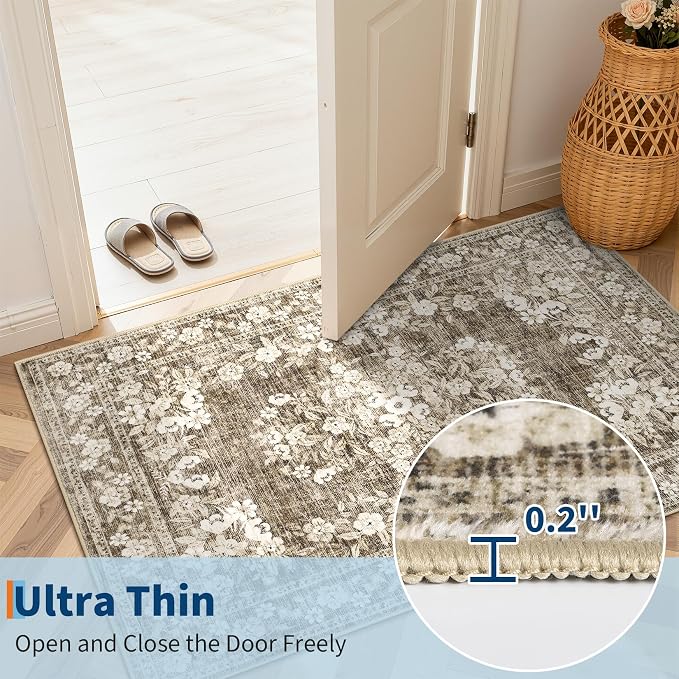 GarveeHome Floral Runner Rug 2x6 for Bedroom Vintage Throw Floor Cover | Washable Boho Flower Bordered Rugs Non-Slip Low Pile Botanical Hallway Accent Mats Floral Rug for Kitchen Entryway Brown