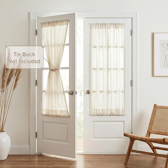 MYSKY HOME Linen French Door Curtains for Door Window 40 Inch Length 2 Panels Semi Sheer Light Filtering Curtain for Glass Small Window Drapes Rod Pocket for Bedroom Bathroom, Natural Linen, 26" Wide